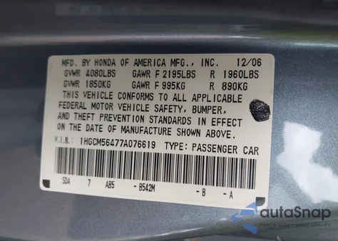 2007 Honda Accord 2.4 Lx z USA, uszkodzony, nr VIN 1HGCM56477A076619